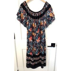 Loft Black Multicolor Dark Floral On / Off Shoulder Peasant Dress S Boho Hippie